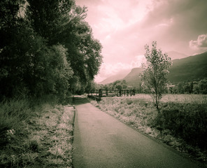 Velodoire bicycle path close to Les Iles nature reserve, Brissogne, Aosta Valley, Italy