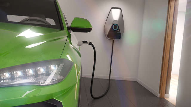 charging electric car suv in garage 3d rendering