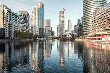 Cityscape of modern buildings at Millwall inner dock in Canary Wharf