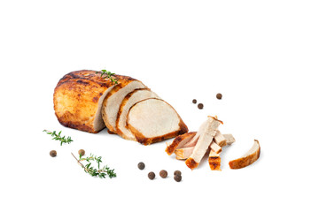 Food composition, grilled pork steak, meat cut into small pieces with rosemary and black pepper isolated on white background