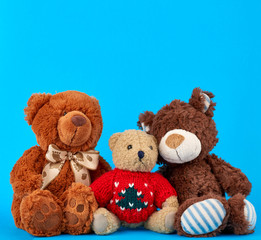 three teddy bears on a blue background, friendship concept