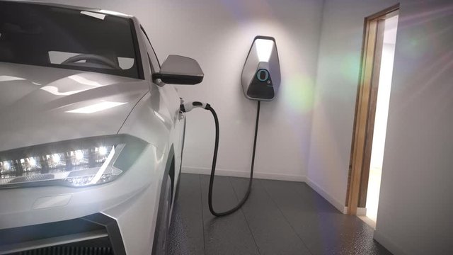 charging electric car suv in garage 3d animation