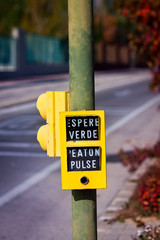 BRIGHT WITH MESSAGE FOR PEDESTRIES AND SEMAPHORE BUTTON ON STREET.