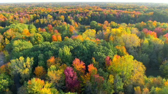 Scenic Autumn flight over the Menominee River, Fall colors. The Menominee River flows along the border of Wisconsin and Upper Michigan.