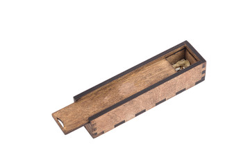 Original wooden box for handmade ballpoint pen on a white background.