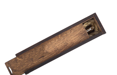 Beautiful wooden box with ballpoint pen inside on a white background.