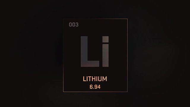 Lithium as Element 3 of the Periodic Table. Seamlessly looping 3D animation on grey illuminated atom design background with orbiting electrons. Design shows name, atomic weight and element number 