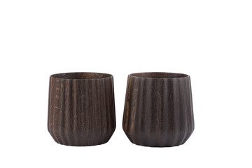 Elegant handmade wooden mugs on a white background.