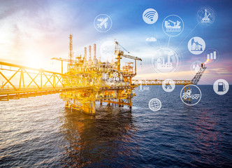 Industrail offshore oil and gas rig platform in the gulf of Thailand and physical system icons concept, Industry 4.0 concept.