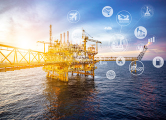 Industrail offshore oil and gas rig platform in the gulf of Thailand and physical system icons...