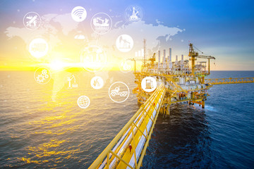 Double exposure   of rig,and icons flow automation and data exchange in manufacturing technologies...
