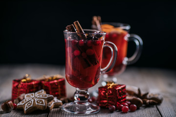 Christmas magic atmosphere, holiday weekend drink, home celebration. Winter still life with hot mulled wine and spices, copy space