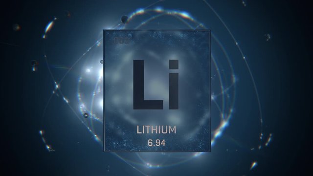 Lithium as Element 3 of the Periodic Table. Seamlessly looping 3D animation on blue illuminated atom design background with orbiting electrons. Design shows name, atomic weight and element number