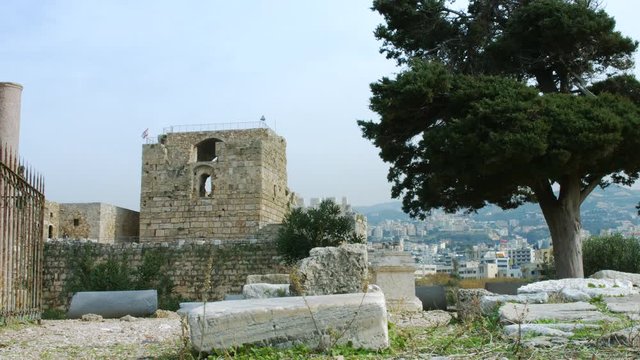 Moving camera in front of Byblos Castle and Roman ruins, Lebanon