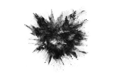 Black powder explosion white background. 