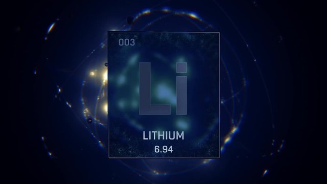 Lithium as Element 3 of the Periodic Table. Seamlessly looping 3D animation on blue illuminated atom design background with orbiting electrons. Design shows name, atomic weight and element number