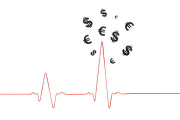 The stress of chasing after money. Heartbeat rhythm graph on a white background. 