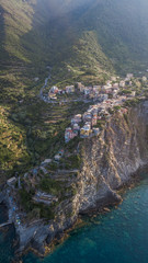Aerial drone shot view of Corniglia in the morning in Cinque Terre, Italy