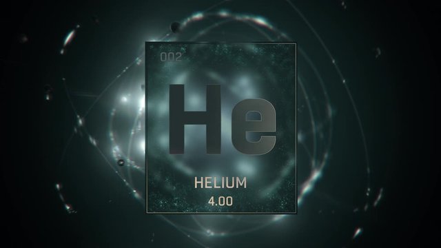 Helium as Element 2 of the Periodic Table. Seamlessly looping 3D animation on green illuminated atom design background with orbiting electrons. Design shows name, atomic weight and element number 