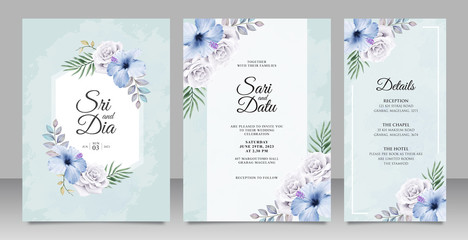 Fototapeta na wymiar Elegant wedding invitation card set template with beautiful floral on blue background