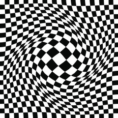 Distorted checker board. Op art. Abstract monochrome background. Trendy pattern for prints, web, template and textile design
