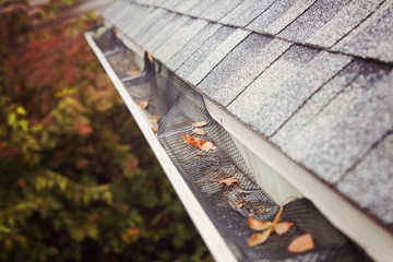 Plastic guard over gutter failure on a roof with a leaves stuck on the outside