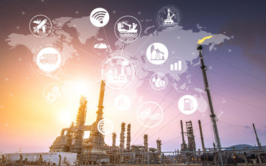 Double exposure of Refinery industry and the icon concept for connecting and exchanging information and transportation using modern technology.