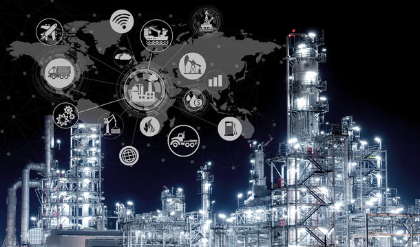 Industry 4.0 Oil refinery and double exposure icon concepts, networking and data exchange and modern technology for the world industrail.