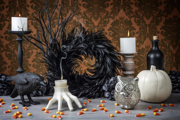 Interior Holiday decoration with candles and candy corn