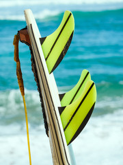Surfboard with fins and leash on a beach at the ocean