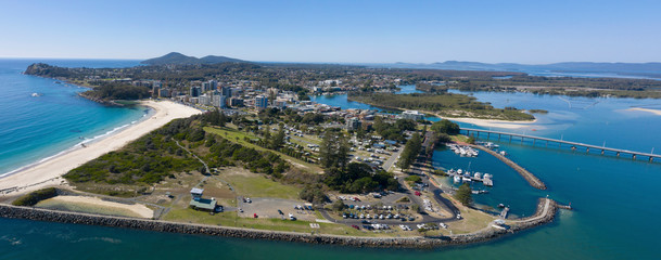 the town of Forster on the new south wales north coast showing beach and Wallis lakes. - obrazy, fototapety, plakaty