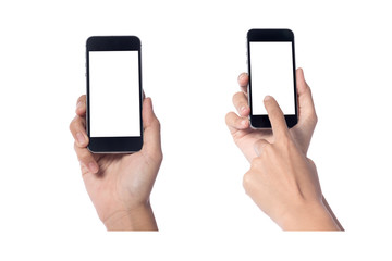 Woman hand holding modern smartphone display and touch screen mobile isolated on white background.