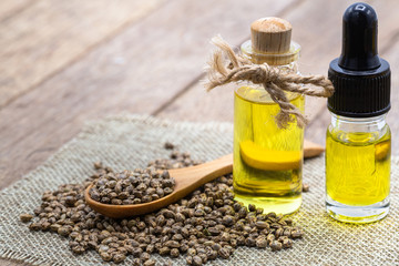 Obraz na płótnie Canvas Hemp seeds in wooden spoon and hemp essential oil. Copy space. CBD hemp oil.