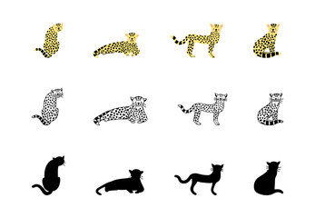 Set of leopard in flat, doodle style, silhouettes, vector illustration.
