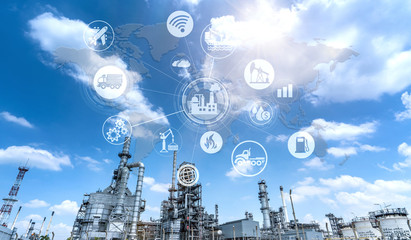 Double exposure of Refinery industry and the icon concept for connecting and exchanging information and transportation using modern technology.