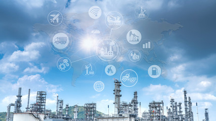 Double exposure of Refinery industry and the icon concept for connecting and exchanging information...