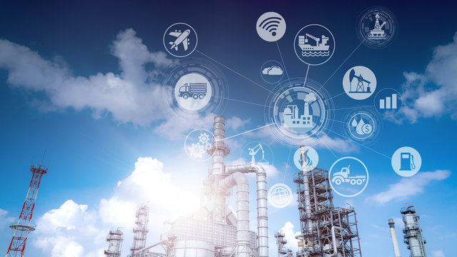 Industry 4.0 Oil refinery and double exposure icon concepts, networking and data exchange and modern technology for the world industrail.