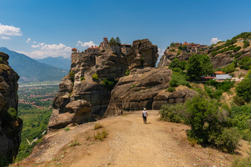montaña, meteora, mujer, monasterio, vestido, chica, blanco, rocas