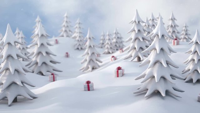 Winter Christmas background, snowy pine trees and Christmas gift boxes with falling snow