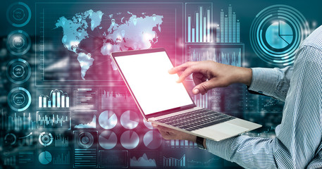 Big Data Technology for Business Finance Analytic Concept. Modern graphic interface shows massive...