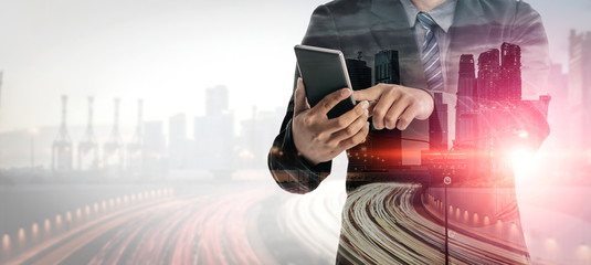 Double Exposure Image of Business Communication Network Technology Concept - Business people using...