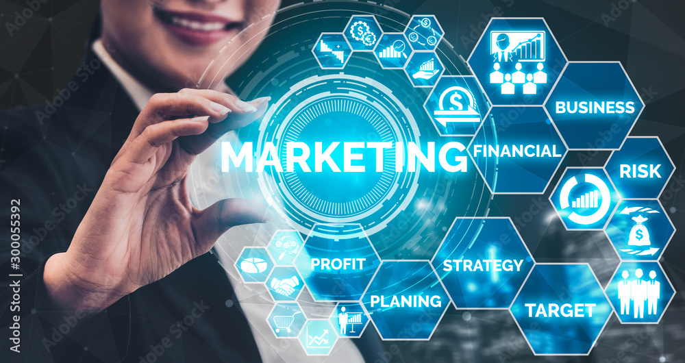 Sticker digital marketing technology solution for online business concept - graphic interface showing analyt