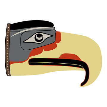 Isolated Vector Illustration. Head Of Stylized Fantastic Bird With Big Beak. Native American Art Of Kwakiutl Indians. Mythic Thunderbird.