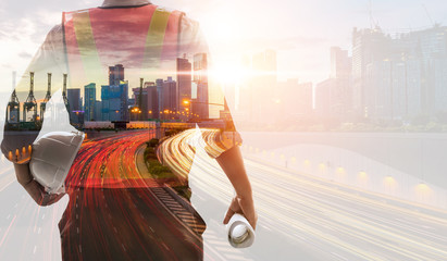 Future building construction engineering project concept with double exposure graphic design....