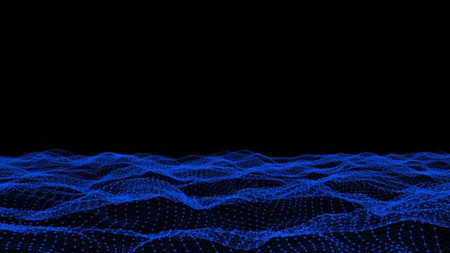 Futuristic 3D plexus blue waving terrain abstract technology background -  moving dots and lines network connection structure in black space background