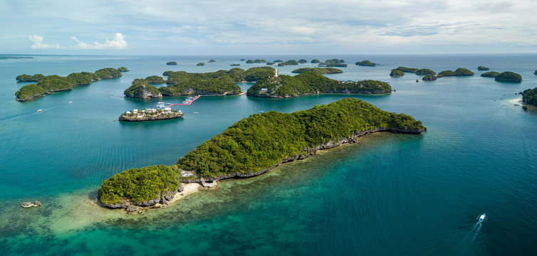 Scenic Panorama Drone Aerial Picture of the Hundred Islands National Park in Pangasinan, Philippines