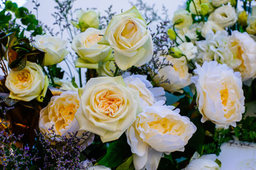 Obraz na płótnie Canvas bright wedding bouquet of summer dahlias and roses