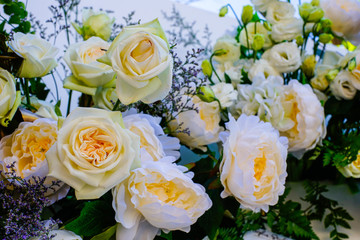 bright wedding bouquet of summer dahlias and roses