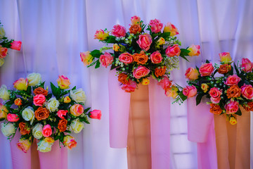 bright wedding bouquet of summer dahlias and roses