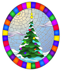 Illustration in stained glass style with a Christmas tree on a background of snow and sky, oval illustration in bright frame